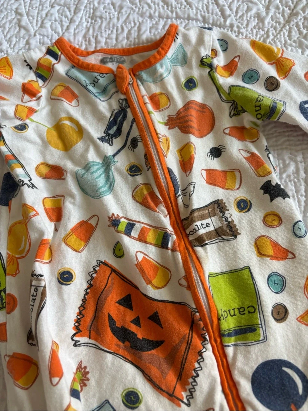Mud Pie Halloween Candy Print Footed One-Piece - Orange/White/Yellow